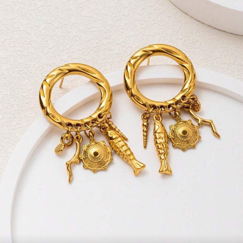 Anthropologie Gold Tasseled Hoop Charm Earrings